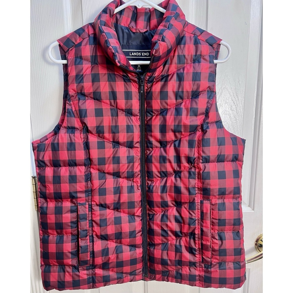 Lands End Red Black Buffalo Plaid Puffer‎ Down Vest Gilet Quilted Women Medium